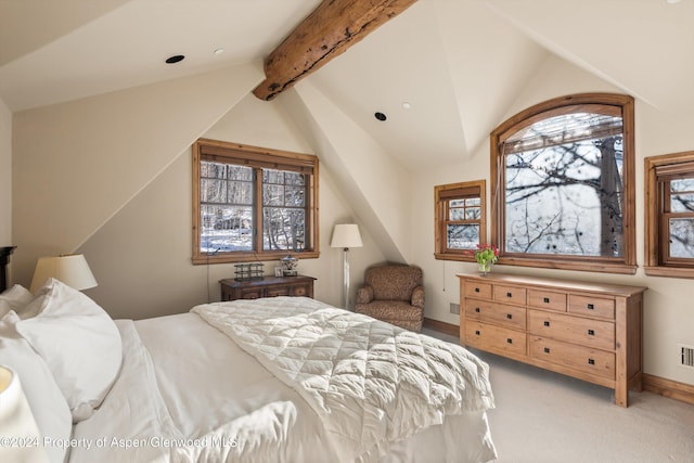 carpeted bedroom with multiple windows and lofted ceiling with beams