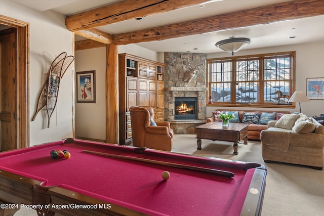 game room with beam ceiling, a fireplace, carpet, and pool table