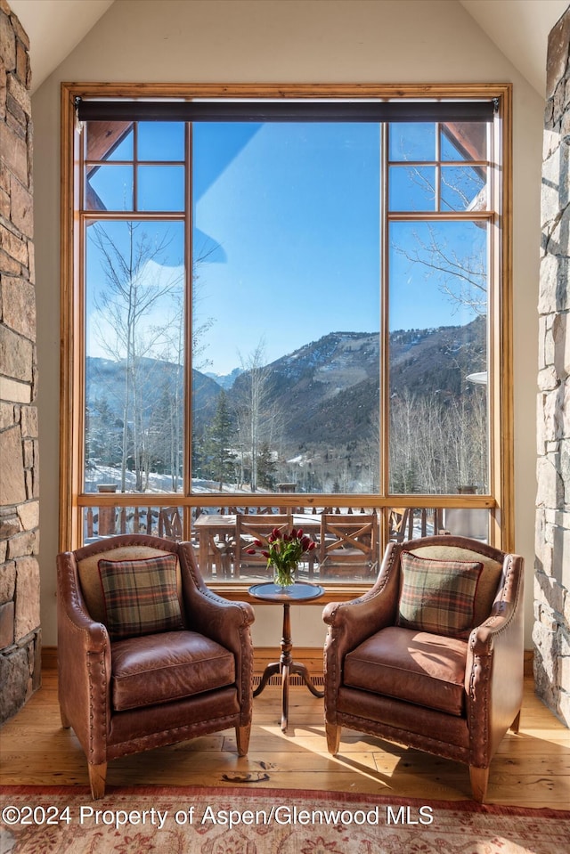 sunroom with a mountain view, a healthy amount of sunlight, and vaulted ceiling