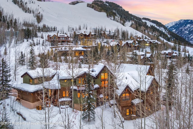 snowy aerial view featuring a mountain view