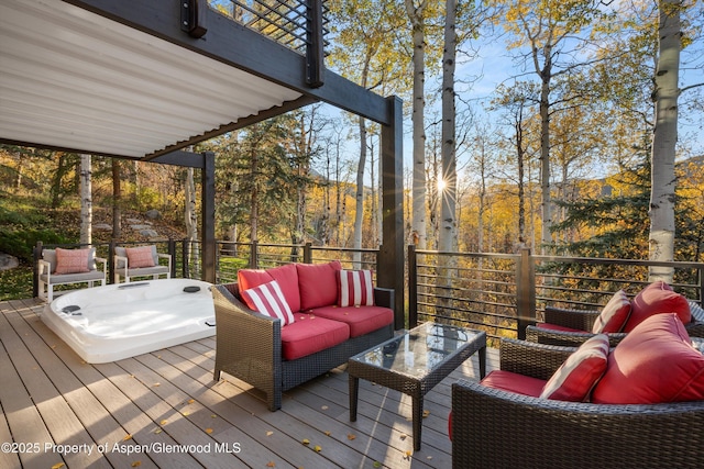 wooden terrace featuring an outdoor hangout area