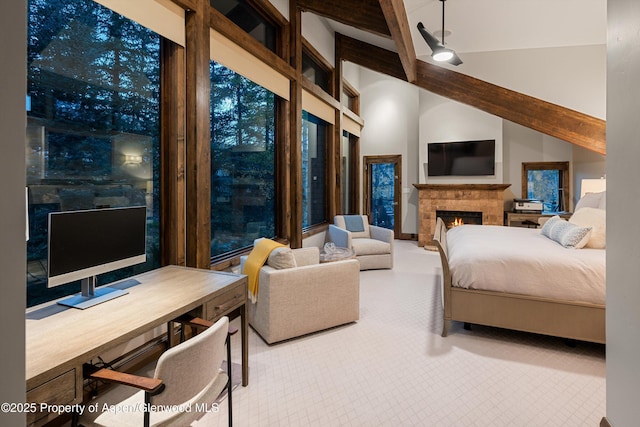 bedroom with beamed ceiling and high vaulted ceiling