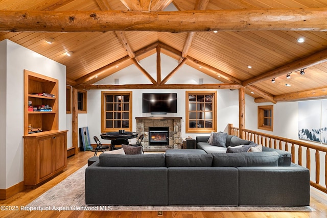 living room with wooden ceiling and light hardwood / wood-style flooring