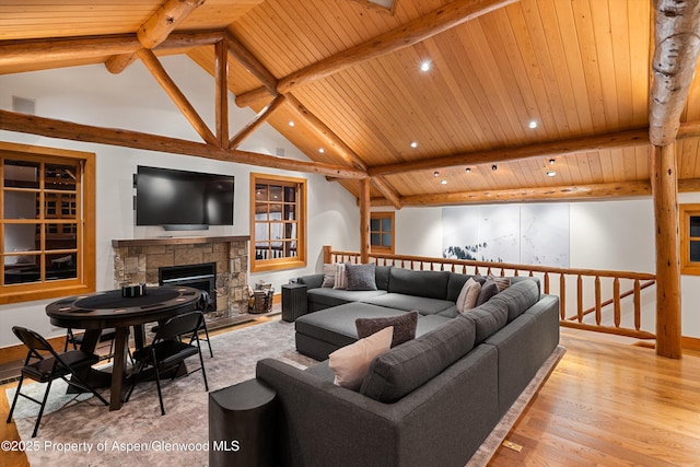 living room with a fireplace, wood ceiling, light hardwood / wood-style flooring, and lofted ceiling with beams