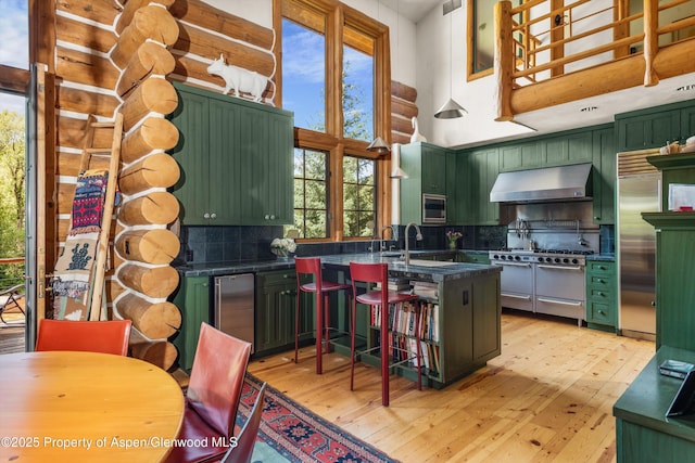 408 Gerbaz Way, Snowmass, CO 81654 - kitchen with green cabinetry, under cabinet range hood, dark countertops, high quality appliances, and light wood finished floors