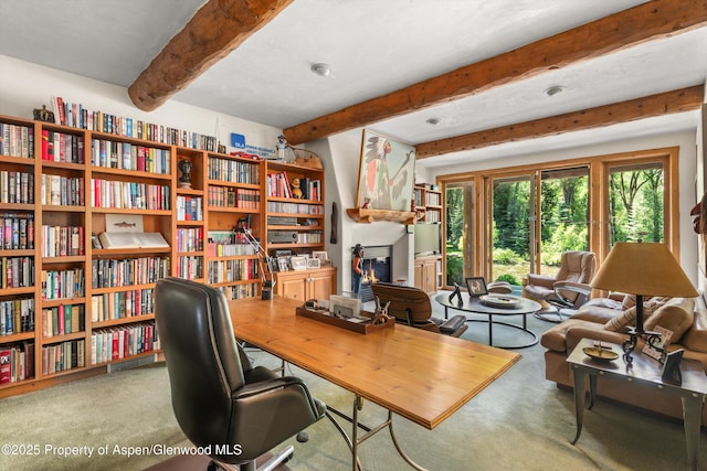408 Gerbaz Way, Snowmass, CO 81654 - office space with a glass covered fireplace, beamed ceiling, and carpet floors