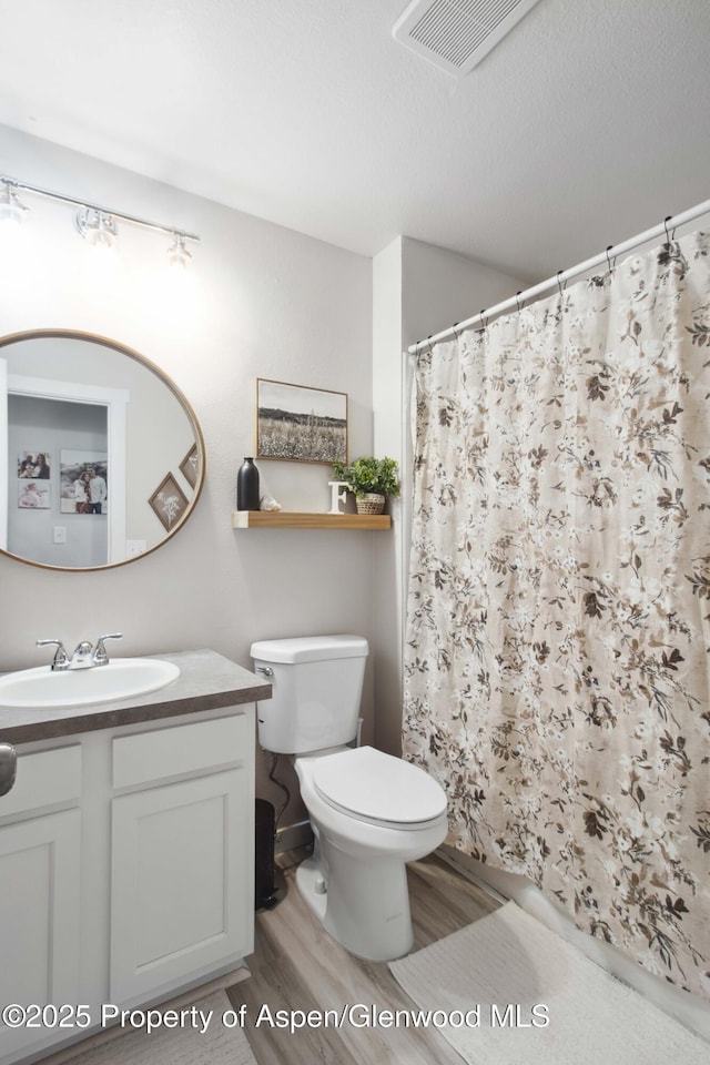 10 Spruce Ct, Parachute, CO 81635 - bathroom featuring wood finished floors, vanity, and a shower with shower curtain
