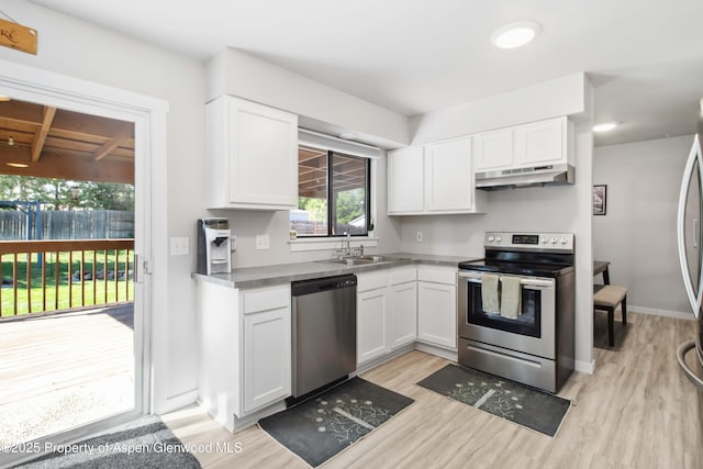10 Spruce Ct, Parachute, CO 81635 - kitchen with stainless steel appliances, under cabinet range hood, light wood-type flooring, and white cabinets