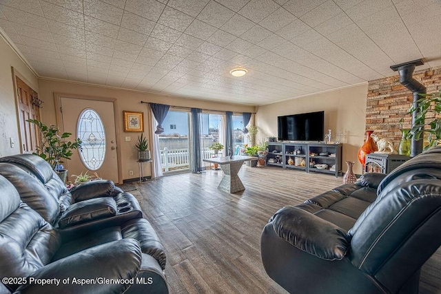 living room featuring hardwood / wood-style floors, a wood stove, and crown molding