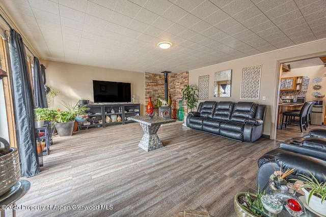 living room with a wood stove, a wealth of natural light, and hardwood / wood-style floors