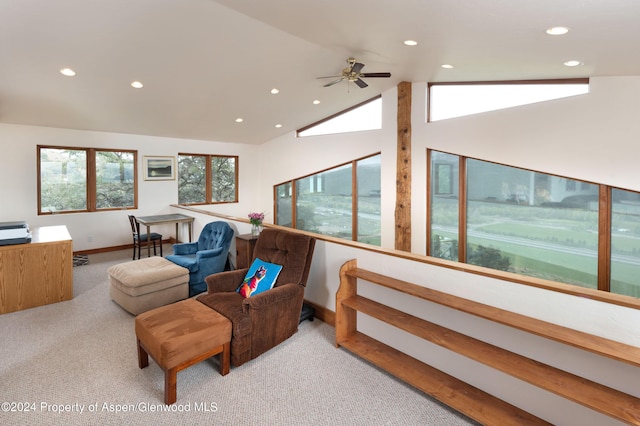 222 Crest Point Dr, Carbondale, CO 81623 - living room with vaulted ceiling, light carpet, and ceiling fan