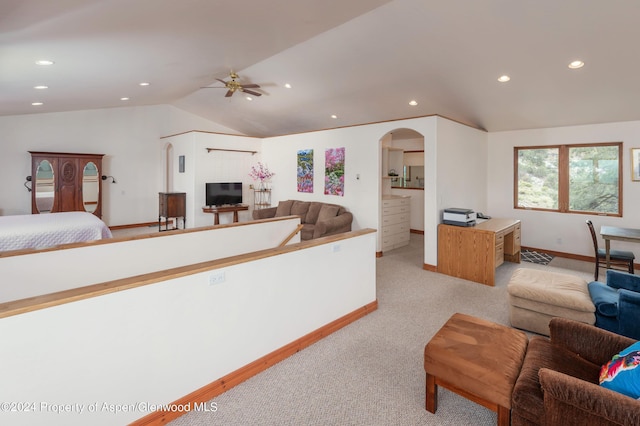 222 Crest Point Dr, Carbondale, CO 81623 - living room with ceiling fan, vaulted ceiling, and light carpet