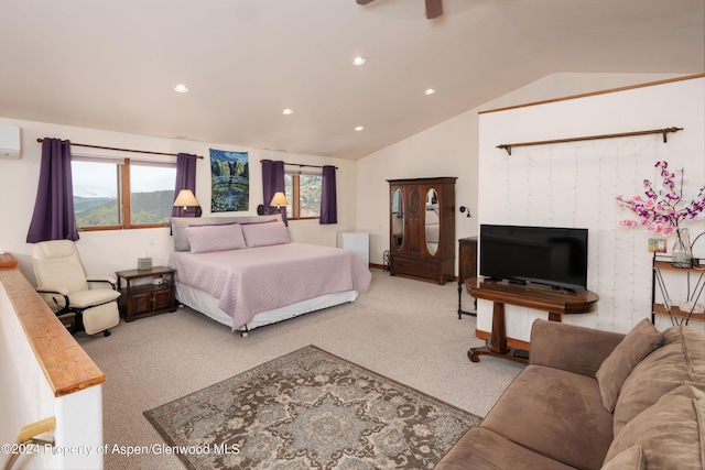 222 Crest Point Dr, Carbondale, CO 81623 - bedroom featuring lofted ceiling, a wall unit AC, and carpet