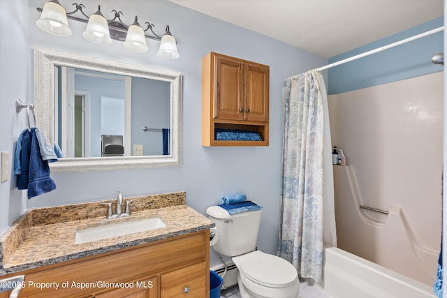 full bathroom featuring shower / tub combo with curtain, vanity, a baseboard heating unit, and toilet