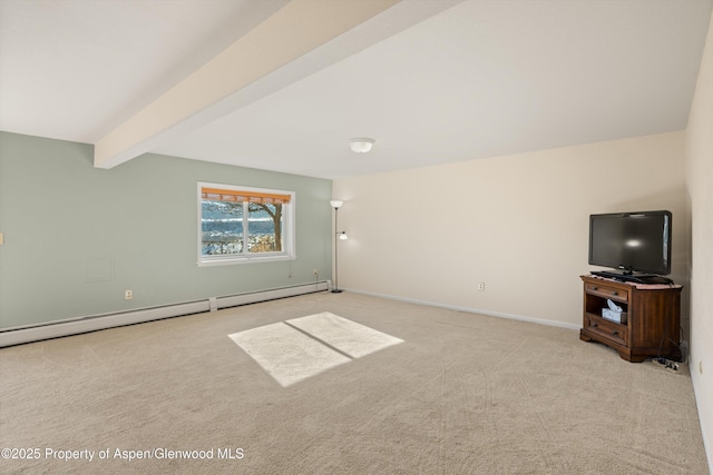 unfurnished living room featuring beam ceiling, a baseboard radiator, and light colored carpet