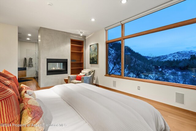 bedroom featuring a mountain view, light wood-type flooring, a multi sided fireplace, and connected bathroom