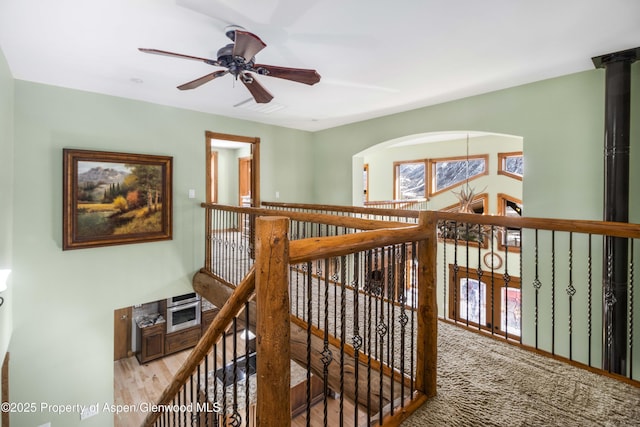 stairway featuring carpet flooring and a ceiling fan