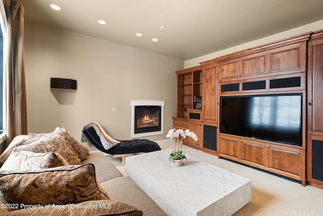 2908 Juniper Hill Dr, Aspen, CO 81611 - living area with light colored carpet, recessed lighting, and a glass covered fireplace