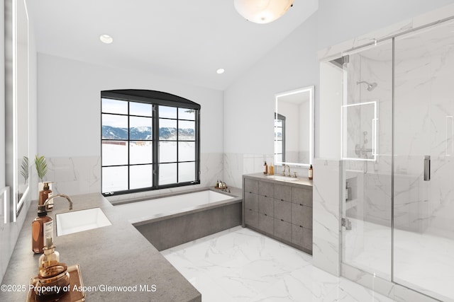 2908 Juniper Hill Dr, Aspen, CO 81611 - full bath featuring vanity, a marble finish shower, a bath, marble tiled flooring, and wainscoting
