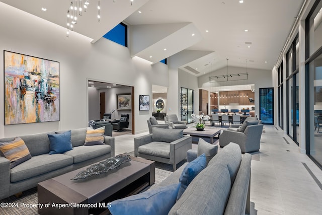 6890 E Sopris Creek Rd, Snowmass, CO 81654 - living room featuring high vaulted ceiling and recessed lighting