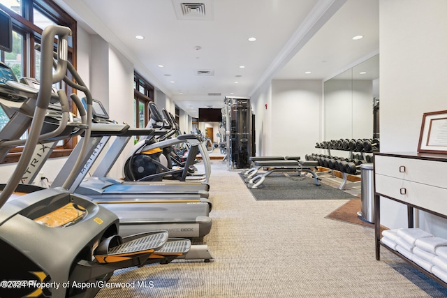 exercise room featuring carpet flooring and crown molding