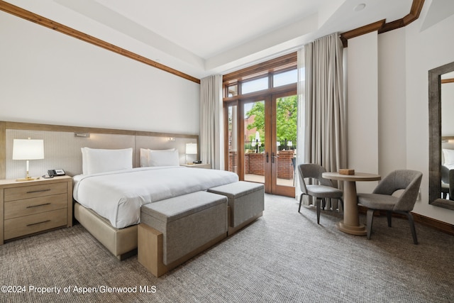 bedroom with carpet flooring, french doors, and access to outside