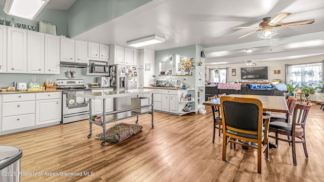 600 Rose St, Craig, CO 81625 - kitchen featuring appliances with stainless steel finishes, under cabinet range hood, ceiling fan, white cabinets, and light wood-style floors