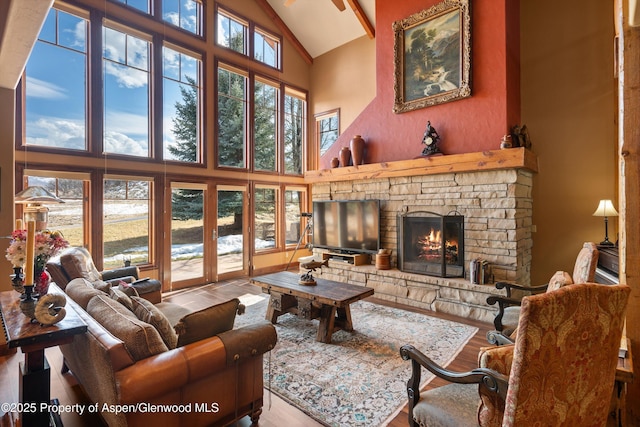 living room featuring high vaulted ceiling, a fireplace, and wood finished floors