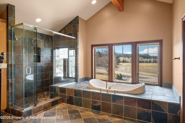 bathroom with vaulted ceiling with beams, a stall shower, a bath, and recessed lighting