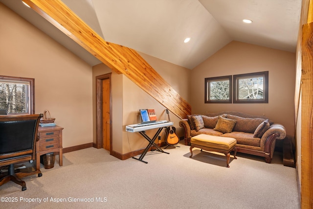 sitting room featuring lofted ceiling, recessed lighting, carpet flooring, baseboards, and plenty of natural light