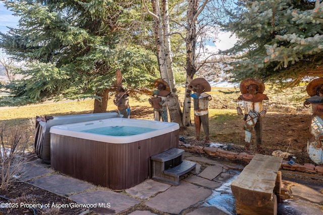 view of patio featuring a hot tub