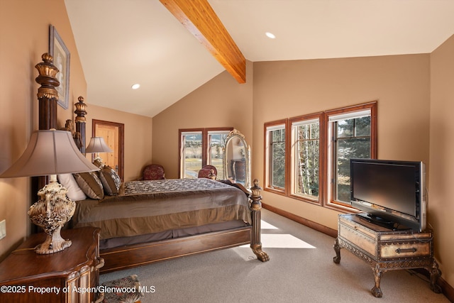 carpeted bedroom featuring vaulted ceiling with beams, multiple windows, baseboards, and recessed lighting