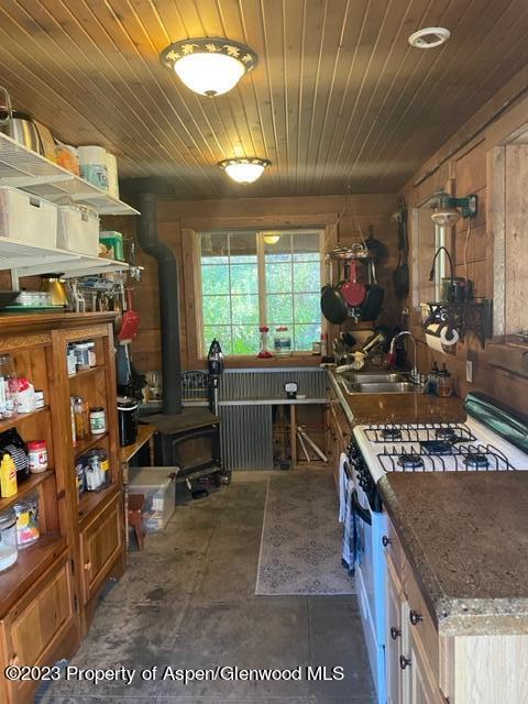 0 E Divide Creek Rd, Silt, CO 81652 - kitchen featuring a sink, a wood stove, gas range oven, and wooden ceiling