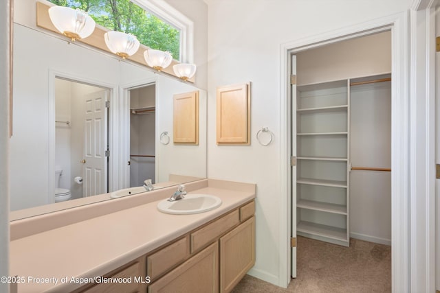 55 Limberpine Cir, Battlement Mesa, CO 81635 - bathroom with vanity, toilet, a spacious closet, and baseboards