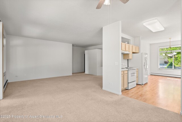 55 Limberpine Cir, Battlement Mesa, CO 81635 - unfurnished living room with baseboard heating, light carpet, and ceiling fan