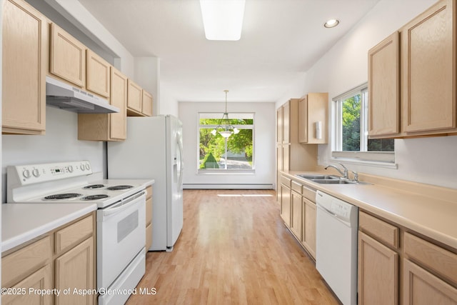 55 Limberpine Cir, Battlement Mesa, CO 81635 - kitchen featuring white appliances, under cabinet range hood, a sink, light brown cabinets, and light wood-style floors