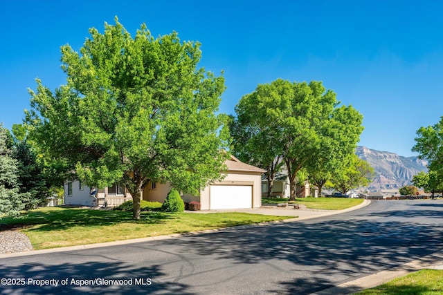 55 Limberpine Cir, Battlement Mesa, CO 81635 - obstructed view of property with a garage, a mountain view, a front yard, and concrete driveway