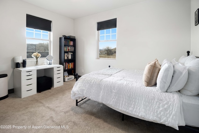 bedroom featuring light carpet