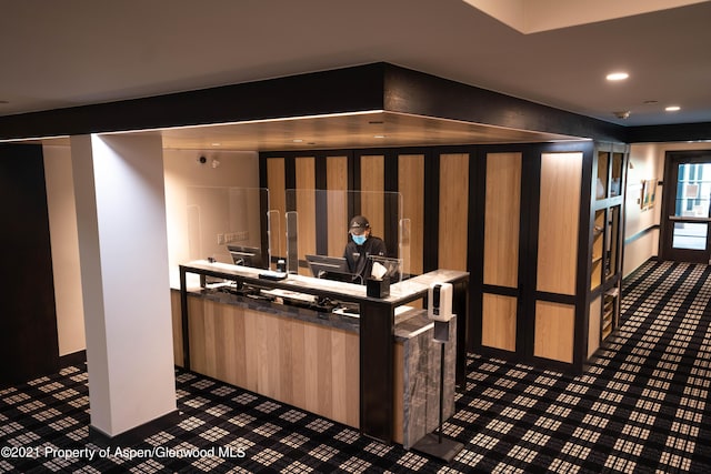 interior space with light brown cabinets and dark colored carpet