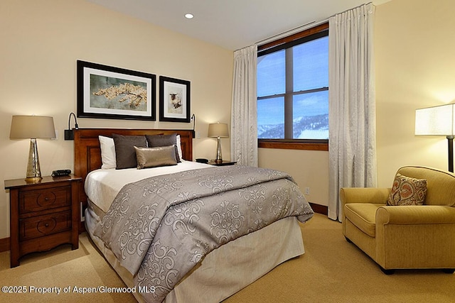 bedroom with light colored carpet