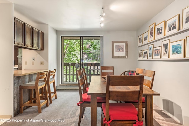 1024 E Hopkins Ave # 16, Aspen, CO 81611 - dining space with light carpet, a bar, rail lighting, and a baseboard heating unit