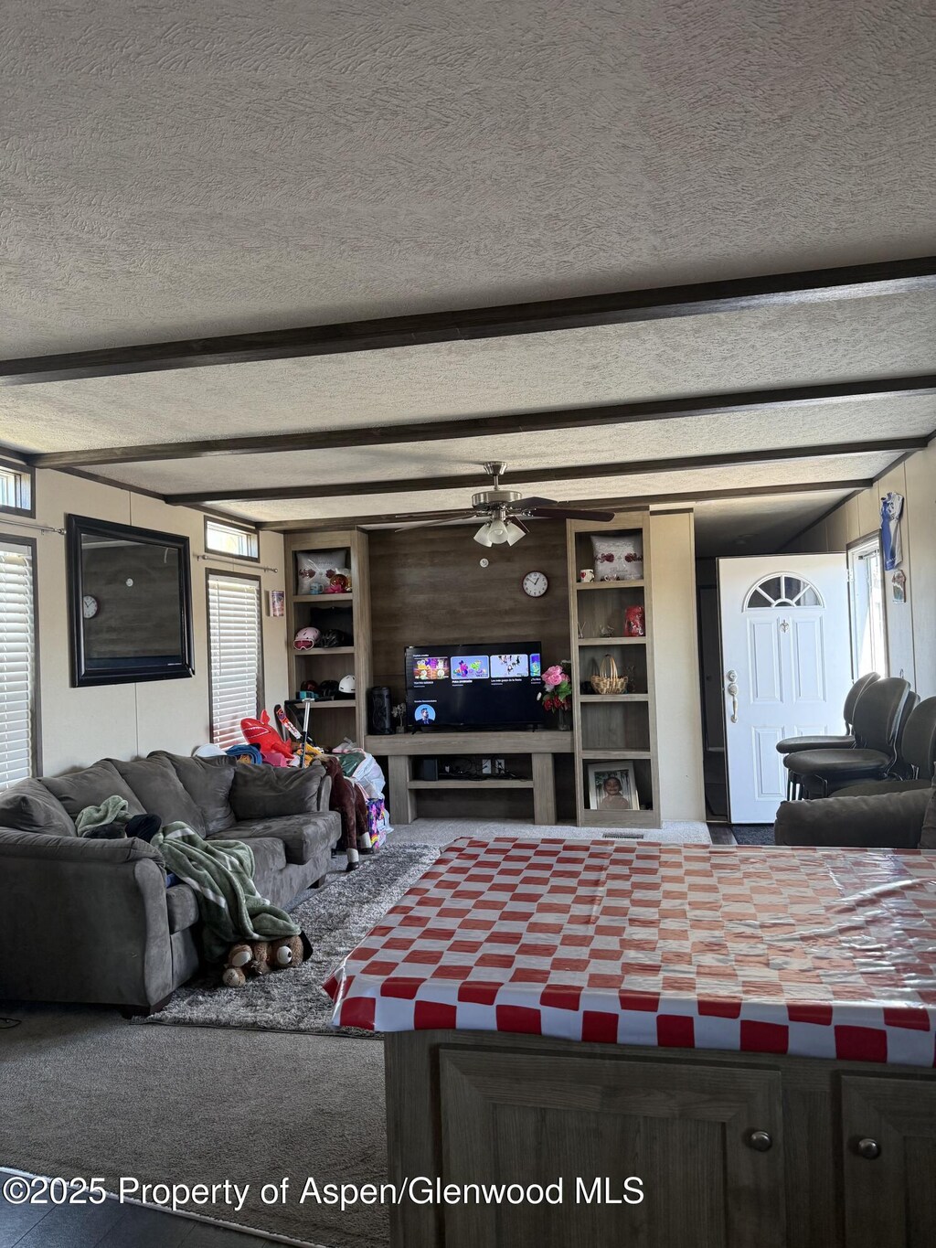 200 W 20th St Unit C2, Rifle, CO 81650 - carpeted living room with a healthy amount of sunlight, beamed ceiling, and a textured ceiling
