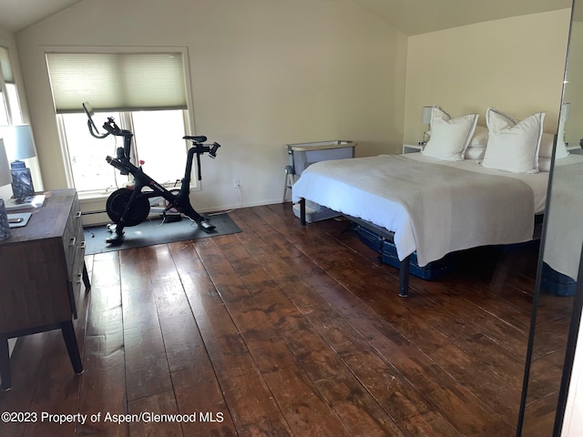 bedroom with dark hardwood / wood-style flooring, vaulted ceiling, and a baseboard heating unit