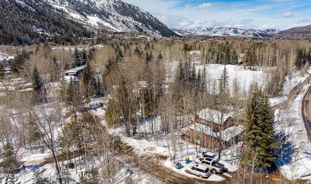 snowy aerial view with a mountain view