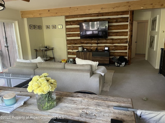 living room with log walls