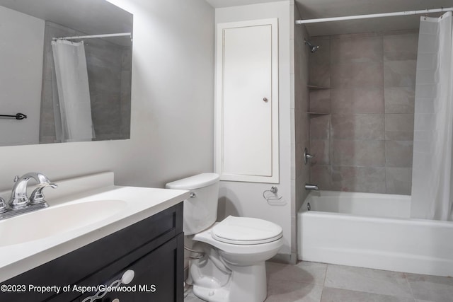 full bathroom featuring shower / bathtub combination with curtain, tile patterned flooring, vanity, and toilet