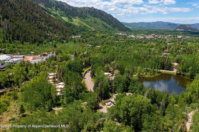 birds eye view of property with a water and mountain view