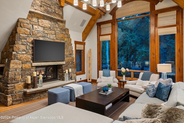 living room featuring high vaulted ceiling, beam ceiling, a fireplace, and hardwood / wood-style flooring