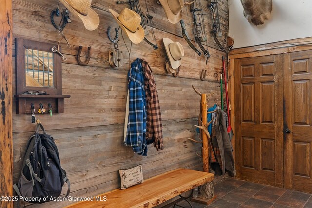 3714 Bear Ridge Rd, Basalt, CO 81621 - mudroom featuring wood walls