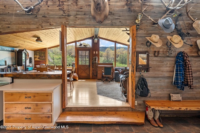 3714 Bear Ridge Rd, Basalt, CO 81621 - interior space with lofted ceiling, healthy amount of natural light, and wooden walls
